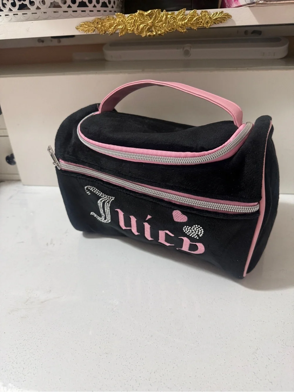 Juicy Couture Black and Pink Velvet Cosmetic Pouch